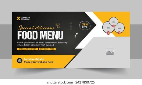 Fast food restaurant business marketing social media web banner template design with abstract geometric graphic background, logo and icon. Sale promotion flyer for pizza, burger and healthy food