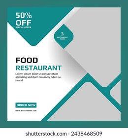 Fast food restaurant business marketing social media post or web banner template design with abstract background, logo and icon. Fresh pizza, burger and pasta online sale promotion flyer or poster.