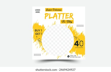 Fast food restaurant business marketing social media post or web banner template design with creative background, logo and icon. Pizza, burger and pasta online sale promotion flyer or poster.