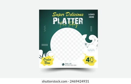 Diseño de Plantilla de Anuncio de publicación o Web de redes sociales con fondo creativo, logotipo e ícono. Pizza, hamburguesa y pasta venta en línea folleto o póster de promoción.