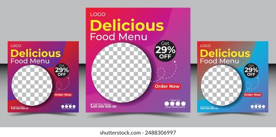 Fast food restaurant business marketing social media post or web banner template design with abstract background, logo and icon. Fresh pizza, burger and pasta social media post design