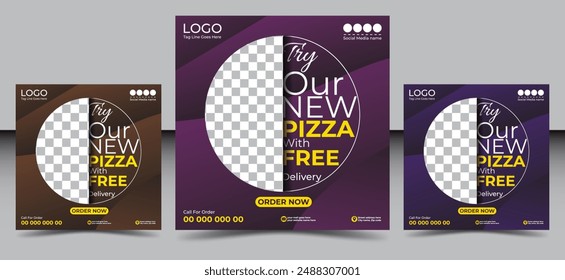 Fast food restaurant business marketing social media post or web banner template design with abstract background, logo and icon. Fresh pizza, burger and pasta social media post design