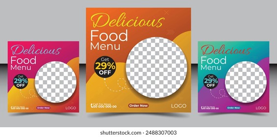 Fast food restaurant business marketing social media post or web banner template design with abstract background, logo and icon. Fresh pizza, burger and pasta social media post design