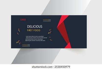 Fast food restaurant business marketing social media web banner template design with abstract geometric graphic background, logo and icon. Sale promotion flyer for pizza, burger and healthy food.