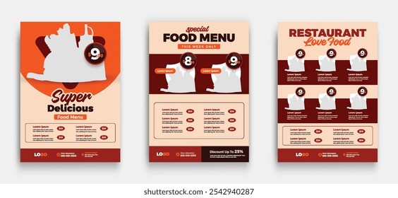 Diseño de Plantilla de volante de marketing de negocios de restaurantes de comida rápida con logotipo e ícono. Comida rápida, pizza fresca, hamburguesa y pasta. Ilustración vectorial para cartel, folleto, portada, menú, folleto.