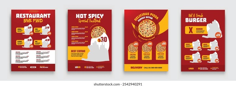 Fast Food Restaurant Business Marketing Flyer Template Design mit Logo und Symbol. Fast Food, frische Pizza, Burger und Pasta. Vektorgrafik für Poster, Flyer, Cover, Menü, Broschüre.