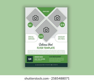 fast food restaurant business marketing social media post with abstract background, logo and icon. Fresh pizza, burger and pasta online sale promotion flyer or poster. A4 size template.