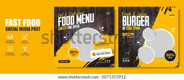 Fast food restaurant business marketing social\
media post or web banner template design with abstract background,\
logo and icon. Fresh pizza, burger and pasta online sale promotion\
flyer or poster.