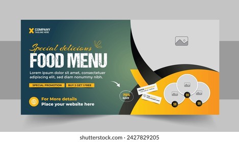 Fast food or Restaurant business promotion social media marketing web banner template with logo and icon, Pizza, burger or healthy food business promotional flyer design vector layout 