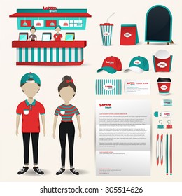 Fast Food Restaurant Business Uniform Fashion, Shop Counter And Packaging, Banner Brochure Advertisement, And Office Stationary Tool With Brand Icon Layout For Male And Female Employee (vector)