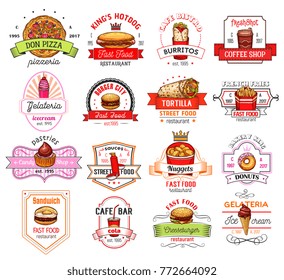 Fast food restaurant and cafe badge. Hamburger, hot dog and tortilla roll sandwich, pizza, donut and coffee, french fries, soda and ice cream, mexican burrito and chicken nuggets sketch label design