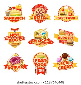 Iconos de restaurantes y cafés de comida rápida. Hamburguesa, perro caliente y sándwich, pizza, papas fritas y refrescos, donut, café y helado, hamburguesa de queso con carteles y estrellas. Tema del paquete de comida para vectores