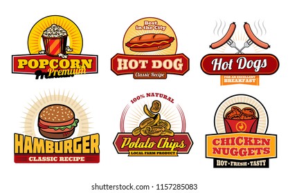 Fast food restaurant and cafe labels with lunch snack. Hamburger, hot dog and french fries, chicken nuggets, popcorn and potato chips retro badges for takeaway food packaging and fastfood menu design