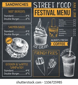 Fast food restaurant or cafe  menu template with hand drawn burgers, fries, desserts and drinks sketches. Food truck flyer design on chalkboard. Vector illustration.