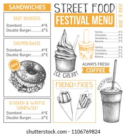 Fast food restaurant or cafe menu template. Hand drawn burgers, desserts and drinks illustrations. Food truck flyer design on white background