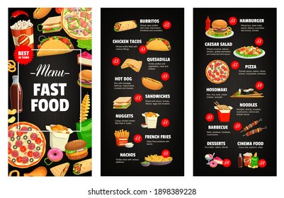 Fast food restaurant or cafe menu page cover template. Burritos, tacos and quesadilla, hot dog, hamburger and nuggets, french fries nachos and caesar salad, pizza, sushi and noodles, barbecue vector