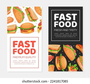Fast food restaurant or cafe menu, flyer, promotional leaflet, page cover. Sandwich, burgers, pizza, taco and hot dog cartoon vector