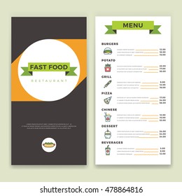 Fast food restaurant and cafe menu vector template with flat line icons. Hamburger and cake, snack and lunch illustration
