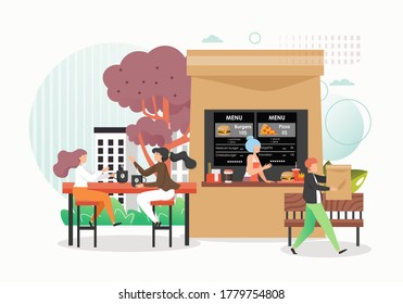 Fast food restaurant, cafe with outdoor seating, vector flat illustration. Young man buying takeaway food, two girls sitting at table and drinking coffee. Restaurant summer terrace, outdoor cafeteria.