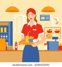 fast food restaurant or cafeteria interior with staff, counter with hamburger and drink. Girl in uniform holding tray with burger, box of fries and cup to carry to client cartoon vector illustration