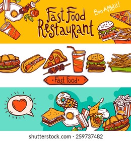 Fast food restaurant colored hand drawn horizontal banners set isolated vector illustration