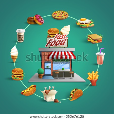 Fast food restaurant concept with circle flat pictograms of  french-fry hamburger and hotdog background poster abstract vector illustration 