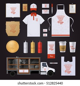 Fast food restaurant corporate identity template with pizza ingredients red outline samples on black background realistic vector illustration 