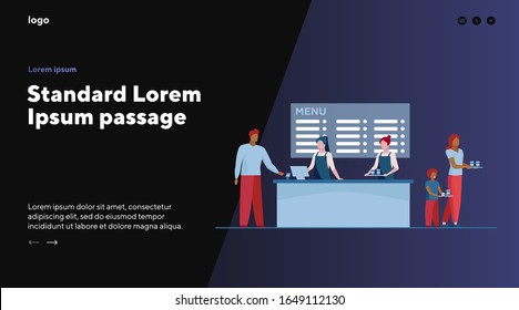 Fast food restaurant counter. Checkout, cashiers, menu, customers with trays flat vector illustration. Cafe, diner, eating concept for banner, website design or landing web page