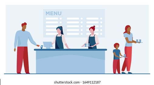 Fast food restaurant counter. Checkout, cashiers, menu, customers with trays flat vector illustration. Cafe, diner, eating concept for banner, website design or landing web page