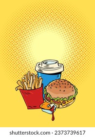 Fast food restaurant with delicious food and fast delivery. Food that brings harm and threat to health. On a yellow background are a burger, french fries, sauce and soda.