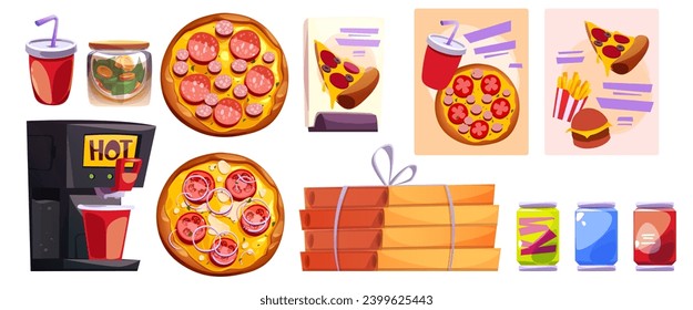 Los elementos de diseño de los restaurantes de comida rápida están aislados en un fondo blanco. Dibujo vectorial de cajas de pizza preparadas para la entrega, afiches con patatas fritas y hamburguesa, cafetera, soda enlatada