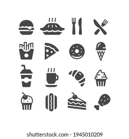 Fast food restaurant or diner vector icon set. Donut, burger, cake, soda black icons.
