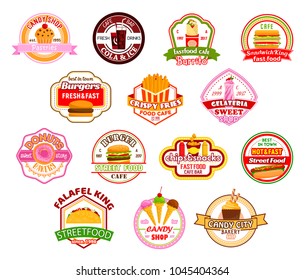 Fast food restaurant or fastfood cafe bistro icons templates. Vector isolated design set for burgers and sandwiches or Mexican meals, donut and ice cream dessert or drink and popcorn, pizza and fries