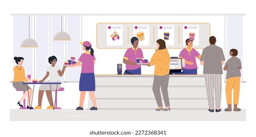 Fast food restaurant flat composition with indoor view of cafe with visitors waiters and cashiers counter vector illustration