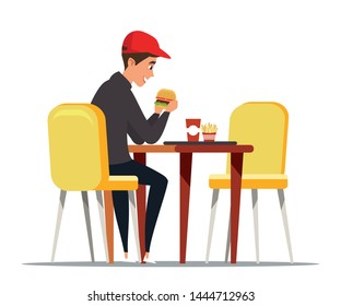 Fast food restaurant flat vector illustration. Young customer, student on lunch break cartoon character. Cafeteria meal, catering business, takeaway service. Tasty burger, soda and french fries