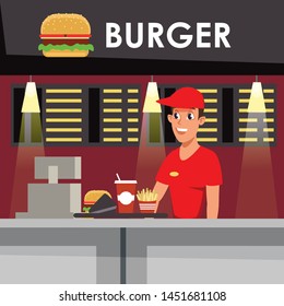 Fast food restaurant flat vector illustration. Young seller, student on lunch break cartoon character. Cafeteria meal, catering business, takeaway service. Tasty burger, soda and french fries