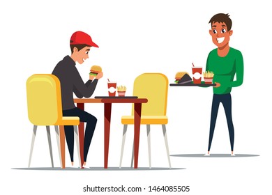 Fast food restaurant flat vector illustration. Young customers, students on lunch break cartoon characters. Cafeteria meal, catering business, takeaway service. Tasty burger, soda and french fries