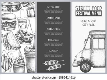 Fast food restaurant flyer for cafe or restaurant design. Engraved style booklet template. Street food festival menu. Vector iilustration.