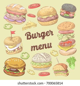 Fast Food Restaurant Hand Drawn Menu Design with Burgers. Brochure Template. Vector illustration