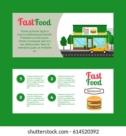 Fast food restaurant horizontal flyers with shop building and landscape, vector illustration