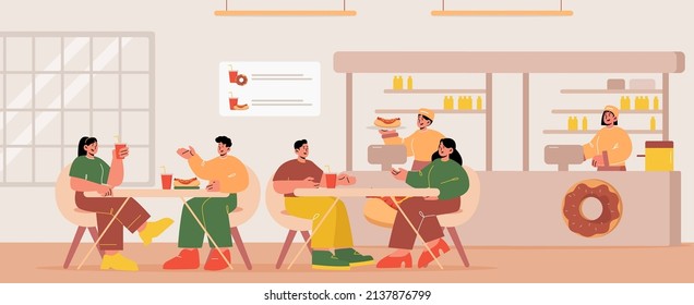 Fast food restaurant with hot dog and cups on tables, sitting people, waitress with tray and cashiers at counter. Vector flat illustration of cafe interior with men and women eat and talk