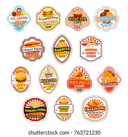 Fast food restaurant icons for fastfood delivery or takeaway menu burgers. Vector isolated sandwiches and cheeseburger, pizza or hot dog burger and soda drink or ice cream or popcorn and donut