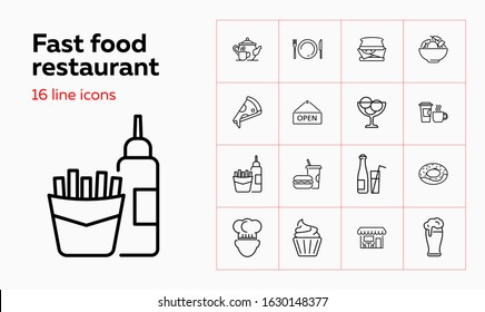 Fast food restaurant icons. Set of line icons, Burger, unhealthy food, drink. Calories concept. Vector illustration can be used for topics like junk food, cafe, restaurant