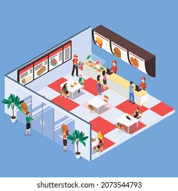 Fast food restaurant interior 3d isometric vector illustration concept for banner, website, landing page, ads, flyer template