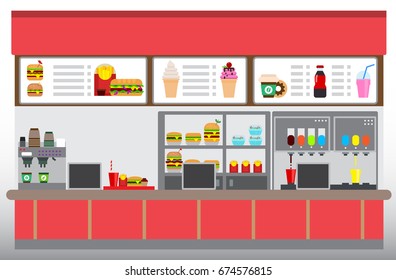 Fast-Food-Restaurant mit Hamburger, Pommes frites und Getränken. Konzept des Lebensmittelgerichts, Flaches Design, Vektorgrafik