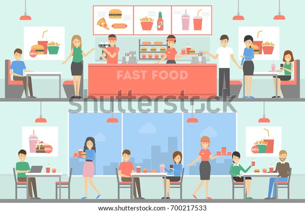 Fast Food Restaurant Interior Set People Stock Vector (Royalty Free ...