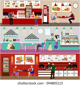 Fast food restaurant interior vector illustration. Banners set in flat design. Ice cream cafe. Menu in fast food eatery.