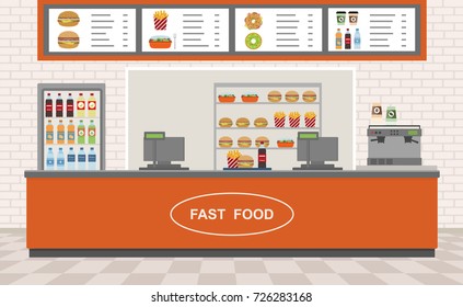 Fast Food Restaurant Interior. Vector Illustration. Flat Design. 