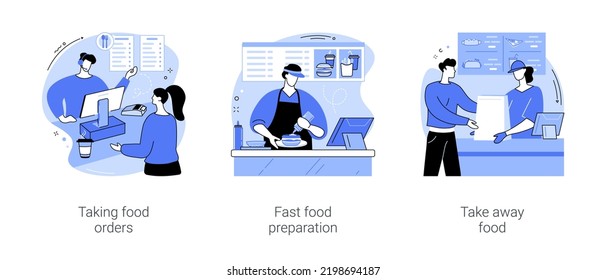 Fast food restaurant isolated cartoon vector illustrations set. Worker taking orders at cashier using POS software, meal preparation process, make burger, customer get takeout food vector cartoon.