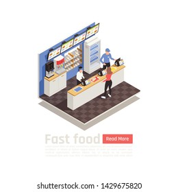 Fast Food Restaurant Isometric Composition With Service Staff In Uniform At Cash Register And Woman Ordering Eating Vector Illustration 